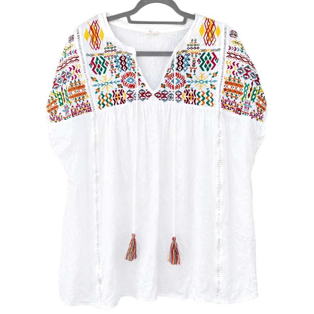 Womens 1X Blouse White Embroidered Boho Tassel V-Neck Colorful Festival  Relaxed